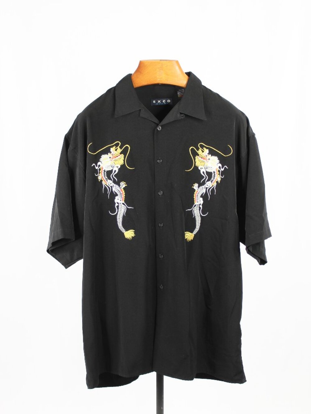 Vintage 2000's EXCO Y2K Black Embroidered Dragon Poly Satin Shirt, Size XL